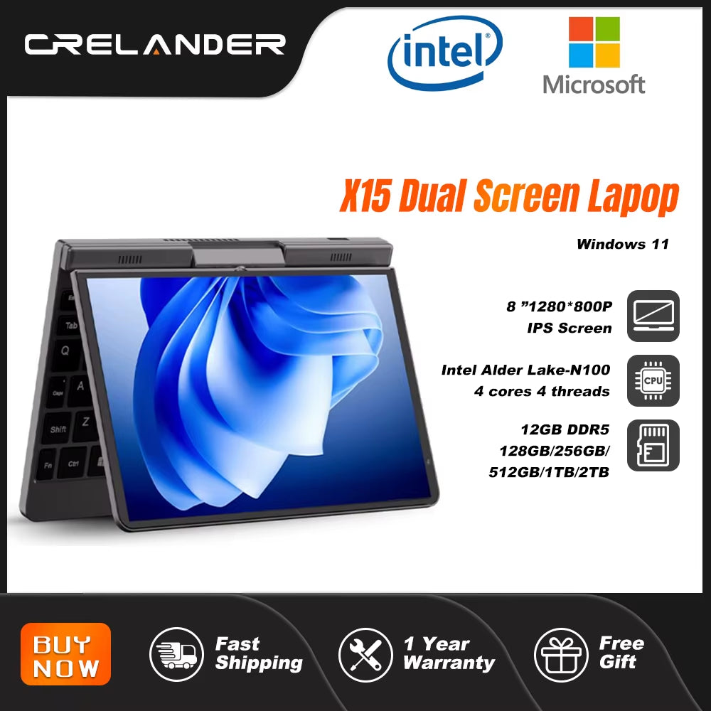 Crelander P8 Mini-Gaming-Laptop 8-Zoll-Touchscreen Intel Erle See N100 12GB DDR5 Windows 11 Wifi 6 Kleine Tasche Laptop