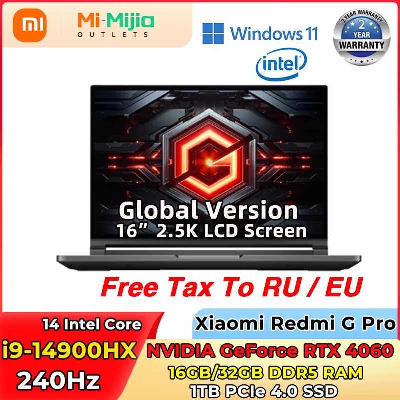 Xiaomi Redmi G Pro 240 E-Sport Gaming Laptop Intel I9-14900H Rtx4060 Gpu 16G/32G 1Tb Ssd 16 "Lcd 2,5 Hz K Spiel Mi Notebook