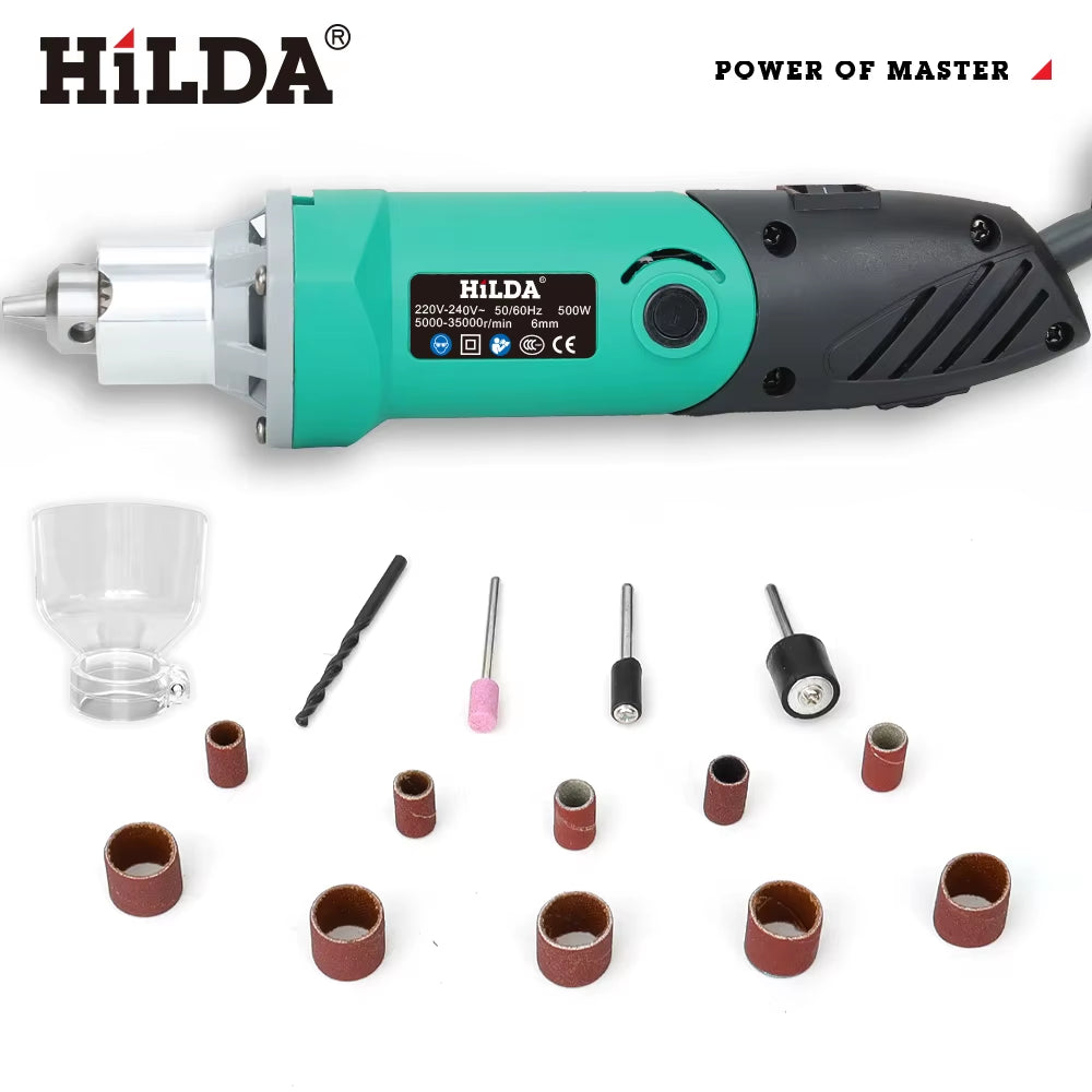 HILDA 500 W Grüner Graveur, Elektrische Bohrmaschine, 6 Positionen, Variable Geschwindigkeit, Hochleistungs-Holzbearbeitungs-Drehwerkzeug-Set, Schleifpolieren