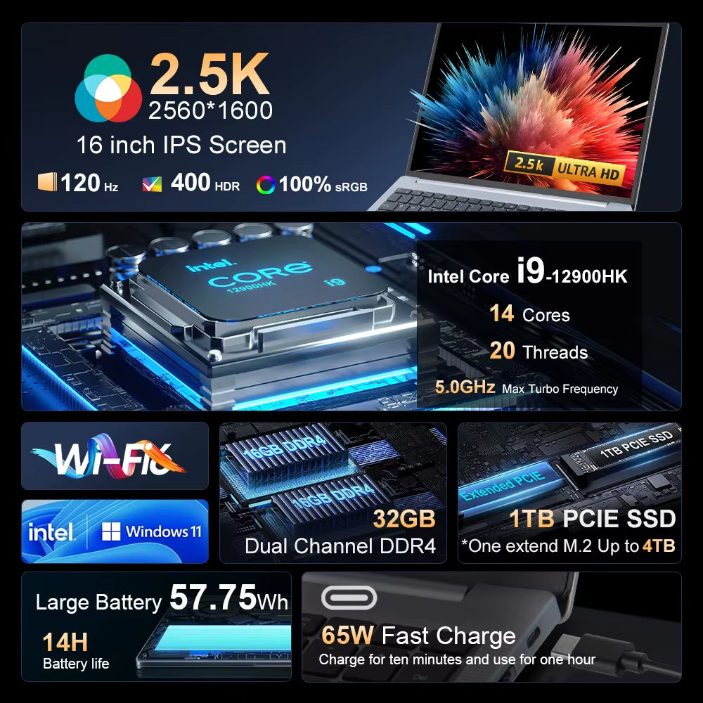 Ninkear N16 Pro Gaming Laptop 12. Intel I9-12900Hx 16-Zoll 2,5 K Ips 120Hz Computer 32GB DDR4 1TB SSD Wifi 6 Gesichts Erkennung
