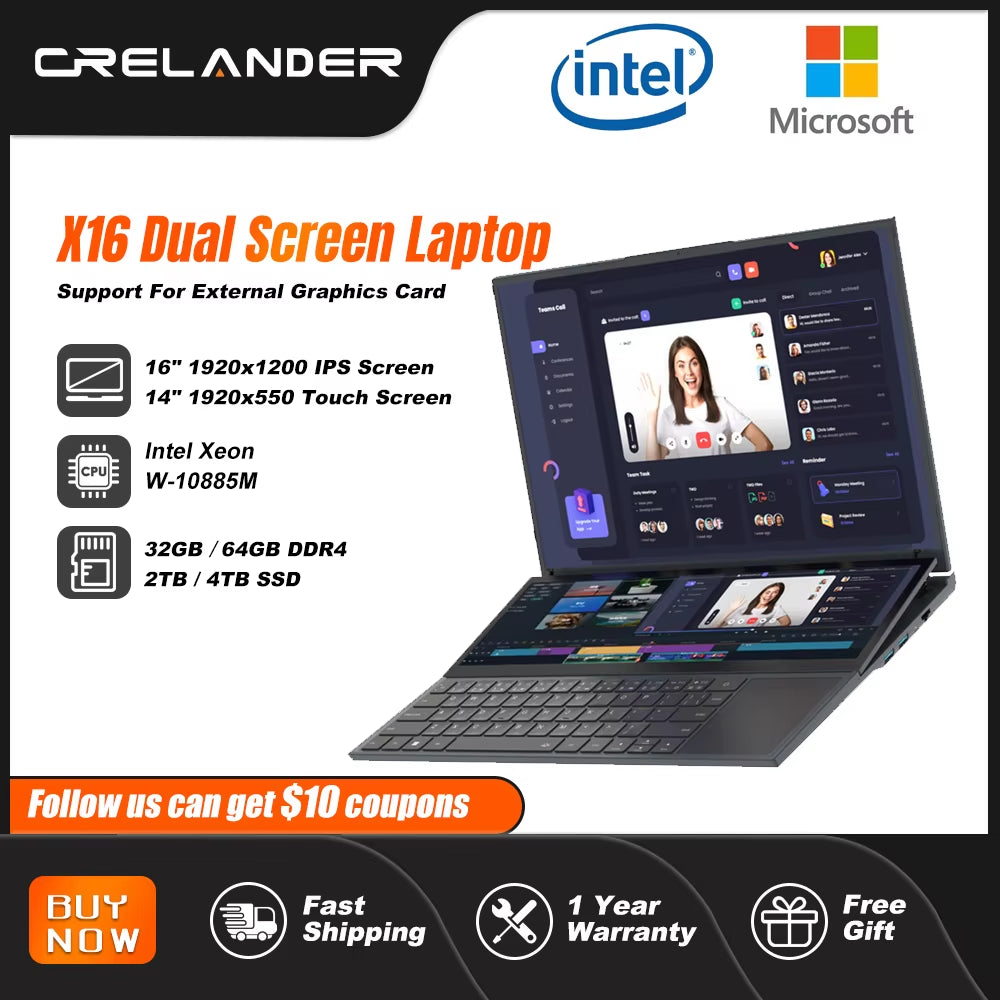 Crelander Doppel Bildschirm Laptop Core I7 10. Generation Windows 11 Touchscreen Gamer Laptop PC Tragbarer Notebook-Computer
