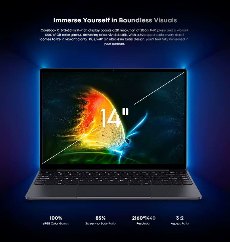 CHUWI Corebook X Intel Core I5 12450H Gaming-Laptop 14 Zoll 2160 X 1440 Auflösung 16 GB RAM 512 GB SSD Wifi6 Windows 11 Computer-Pc