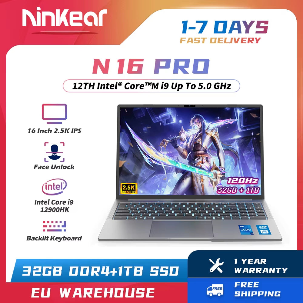 Ninkear N16 Pro Gaming Laptop 12. Intel I9-12900Hx 16-Zoll 2,5 K Ips 120Hz Computer 32GB DDR4 1TB SSD Wifi 6 Gesichts Erkennung