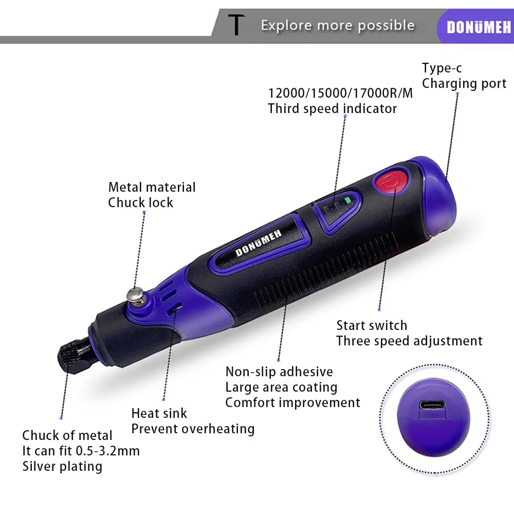 Mini-Bohrmaschine, Multifunktionaler Schleifer, 3-Gang-Usb-Elektrowerkzeug Mit Gravurstift Und Zubehör-Set, Heim-Diy-Drehwerkzeug