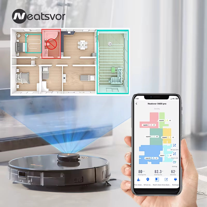 Staubsauger Roboter Neatsvor X600Pro 6000Pa Laser Navigation Staubsauger Kabellos, APP Virtuelle Wand, Haltepunkt Reinigung, Ziehen Reinigung Bereich, Wischen Waschen Staubsauger Robot