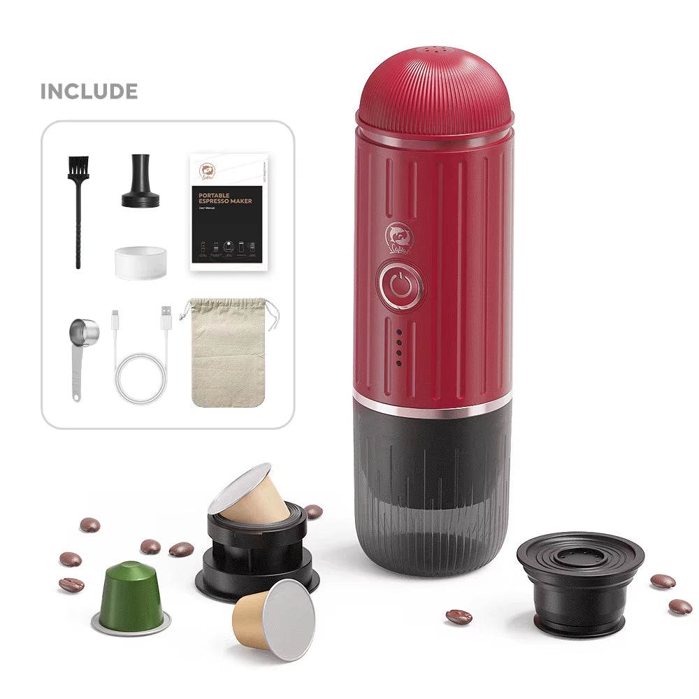 Icafilas ME2218 Mini 2-In-1 Italienische Kapselkaffeemaschine, Vollautomatische Heizung Und Mahlung, Tragbare Outdoor-Sporttournee