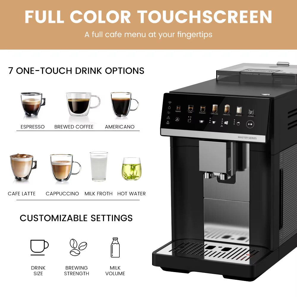 Automatische Espressomaschine Mcilpoog M3, Integrierter Milchaufschäumer Und Tank, 7 Kaffeesorten, Touchscreen