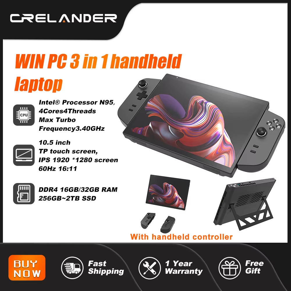 CRELANDER Laptop Intel N95 CPU 4 Kerne 4 Threads 10,5 Zoll TDP Touchscreen 16:11 Verhältnis M2 2280 SSD Handheld Gaming Laptop