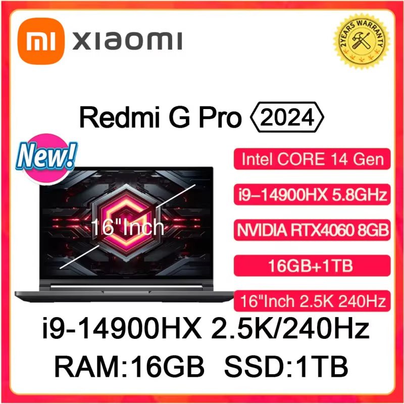 XIAOMI Redmi G Pro 2024 Gaming-Laptop NVIDIA Geforce RTX 4060 Intel Core I9-14900Hx 16 Zoll RAM 16 GB SSD 1 TB 2,5 K 240 Hz Gamer-Pc