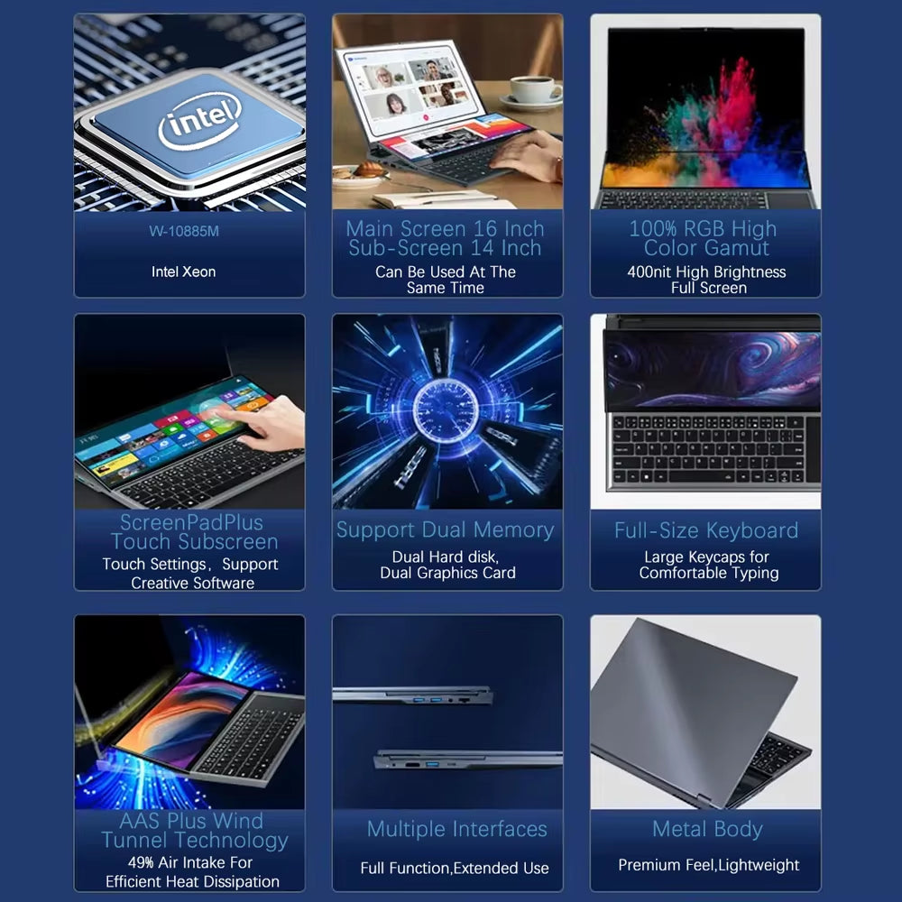 Crelander Dual-Screen-Laptop 16,1 Zoll 14,1 Zoll Touchscreen-Kern I9 10885H Prozessor Gaming Laptop Business Notebook