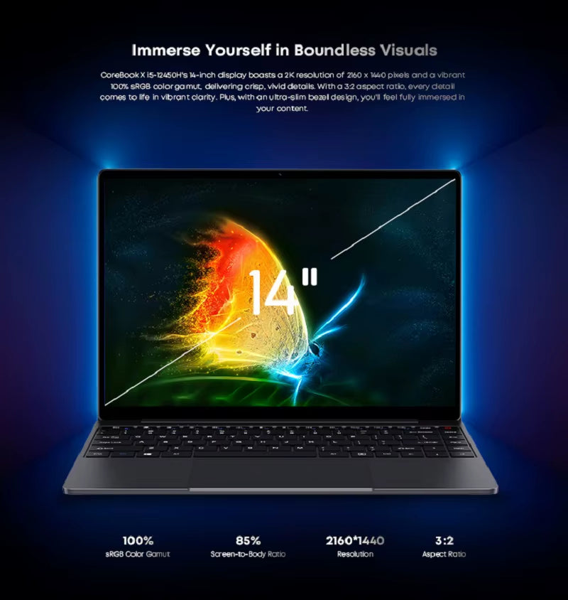 CHUWI Corebook X Gaming-Laptop 14 Zoll Fhd-Bildschirm I5-12450H 8 Kerne 16 GB RAM 512 GB SSD WIFI 6 Windows 11 Gaming Notebook PC 2024