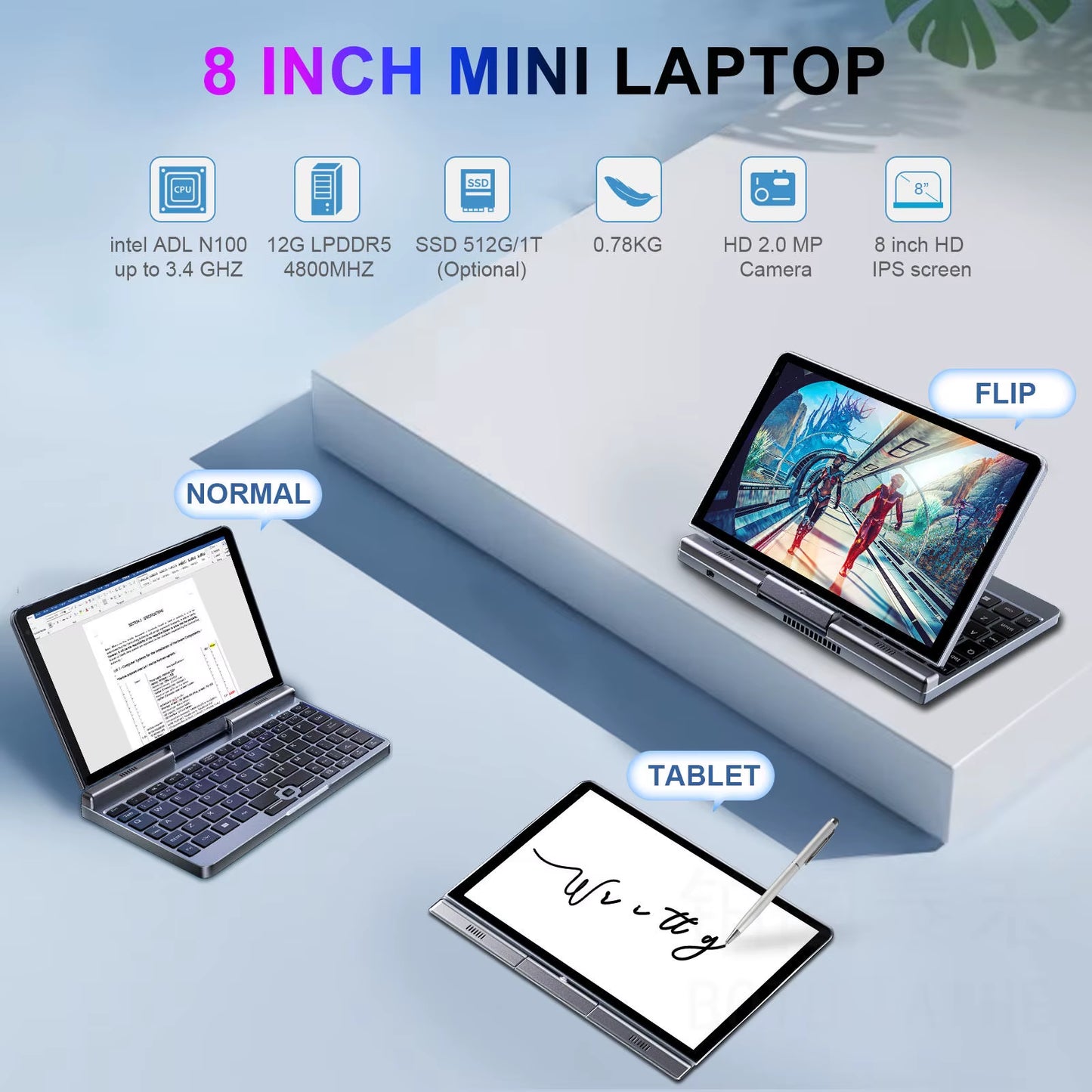 Crelander P8 Mini-Gaming-Laptop 8-Zoll-Touchscreen Intel Erle See N100 12GB DDR5 Windows 11 Wifi 6 Kleine Tasche Laptop