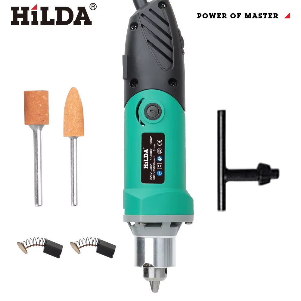 HILDA 500 W Grüner Graveur, Elektrische Bohrmaschine, 6 Positionen, Variable Geschwindigkeit, Hochleistungs-Holzbearbeitungs-Drehwerkzeug-Set, Schleifpolieren