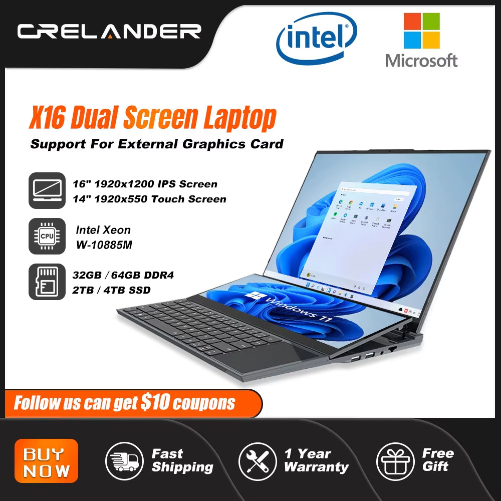 Crelander Dual-Screen-Laptop 16,1 Zoll 14,1 Zoll Touchscreen-Kern I9 10885H Prozessor Gaming Laptop Business Notebook