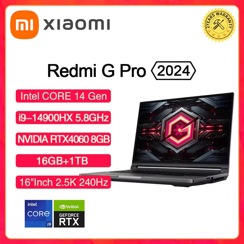 XIAOMI Redmi G Pro 2024 Gaming-Laptop NVIDIA Geforce RTX 4060 Intel Core I9-14900Hx 16 Zoll RAM 16 GB SSD 1 TB 2,5 K 240 Hz Gamer-Pc