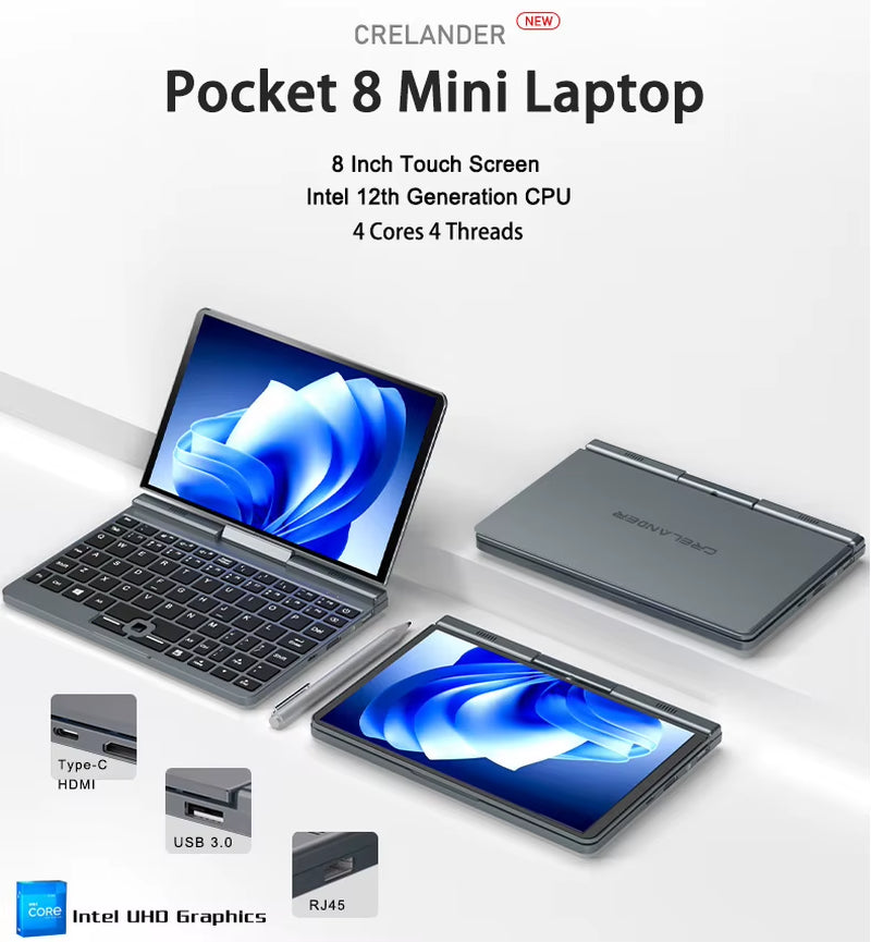 Crelander P8 Mini-Gaming-Laptop 8-Zoll-Touchscreen Intel Erle See N100 12GB DDR5 Windows 11 Wifi 6 Kleine Tasche Laptop