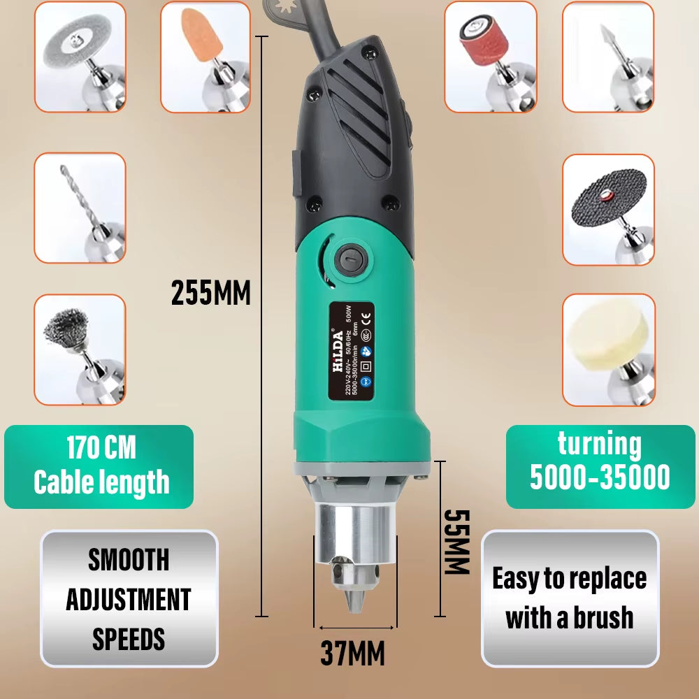 HILDA 500 W Grüner Graveur, Elektrische Bohrmaschine, 6 Positionen, Variable Geschwindigkeit, Hochleistungs-Holzbearbeitungs-Drehwerkzeug-Set, Schleifpolieren