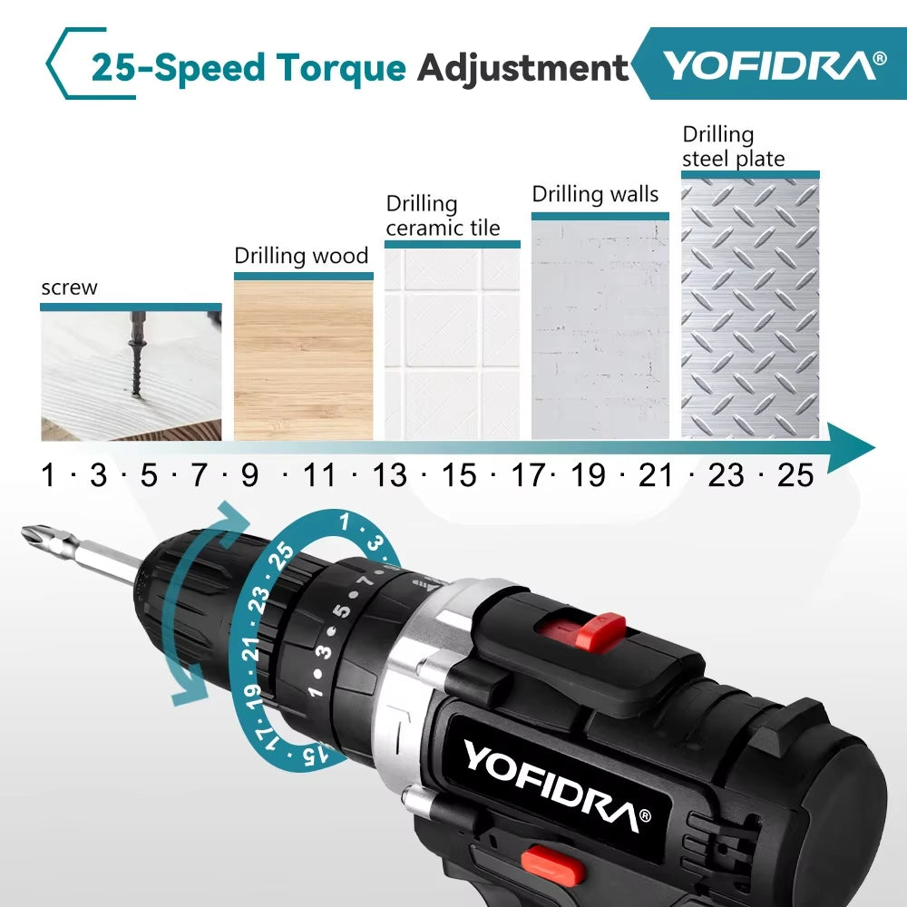 YOFIDRA Akku-Elektro-Schlagbohrschrauber, 25 + 3 Drehmoment, Effizientes Diy-Haushalts-Elektrowerkzeug Mit 24-Teiligem Zubehör