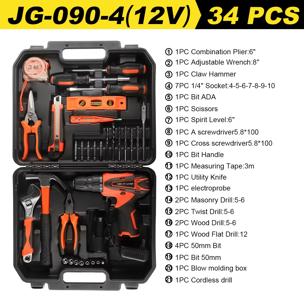 12V/21V Akku-Bohrset Combo-Kit,59/54/48/44/34 Stück Werkzeugs Atz Für Zu Hause, Haushalts Werkzeugs Ätze Für Männer, Bohrmaschine Mit Werkzeugs Atz