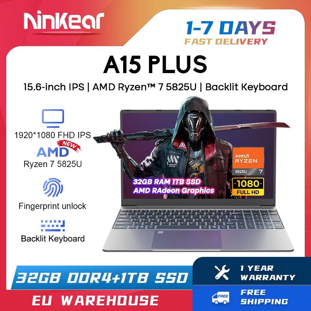 Ninkear A15 plus Gaming-Laptop AMD Ryzen ™ 7 5825U 4,5 Ghz 15,6 Zoll FHD IPS 32 GB DDR4 1 TB SSD Tastatur Mit Hintergrundbeleuchtung Fingerabdruck-Entsperrung