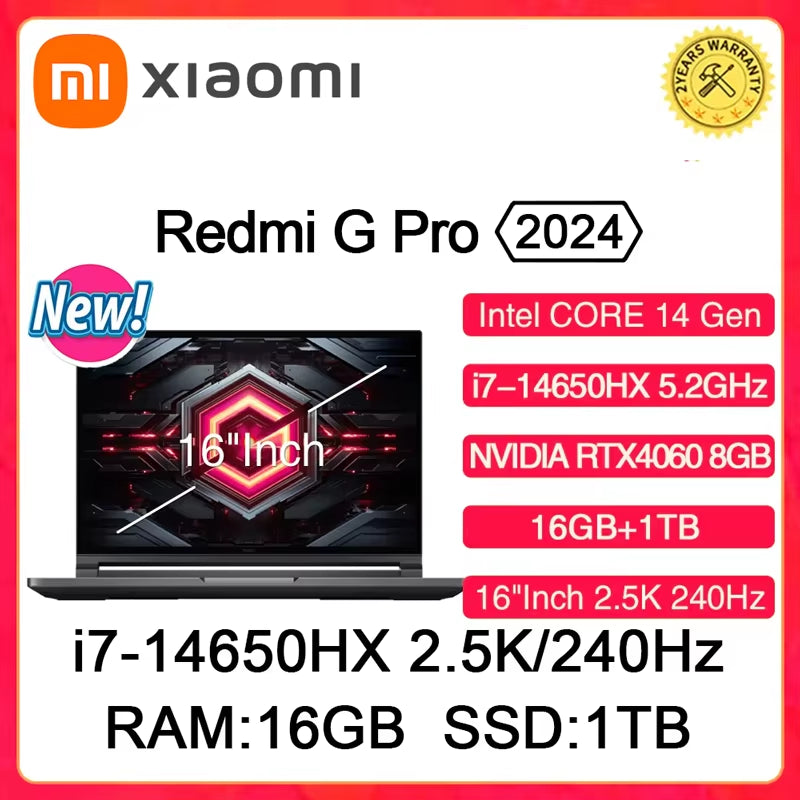 XIAOMI Redmi G Pro 2024 Gaming-Laptop NVIDIA Geforce RTX 4060 Intel Core I9-14900Hx 16 Zoll RAM 16 GB SSD 1 TB 2,5 K 240 Hz Gamer-Pc