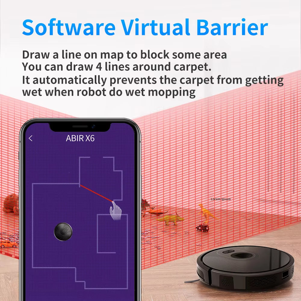 ABIR X6 Roboter-Staubsauger Mit Dreifacher Visueller Navigation, 6000-Pa-Absaugung, Virtueller Software-Wand, Zonenreinigung, Desinfektion Durch Nasswischen, Kartenspeicher, Kompatibel Mit Alexa, Google Home Staubsauger Robot