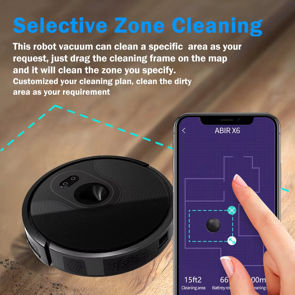 ABIR X6 Roboter-Staubsauger Mit Dreifacher Visueller Navigation, 6000-Pa-Absaugung, Virtueller Software-Wand, Zonenreinigung, Desinfektion Durch Nasswischen, Kartenspeicher, Kompatibel Mit Alexa, Google Home Staubsauger Robot