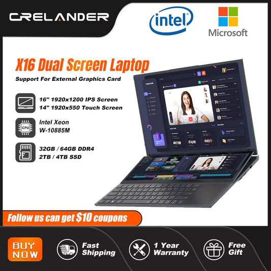 Crelander Doppel Bildschirm Laptop Core I7 10. Generation Windows 11 Touchscreen Gamer Laptop PC Tragbarer Notebook-Computer