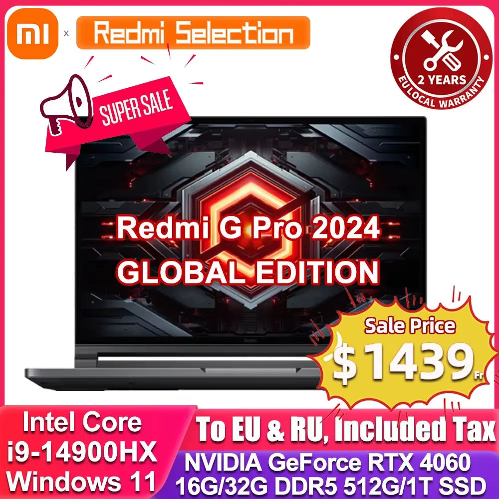 Xiaomi Redmi G Pro Gaming-Laptop 2024 Core I9-14900Hx/I7-14650Hx RTX 4060 RAM 16 GB/32 GB DDR5 1 TB SSD 16-Zoll 240 Hz Bildschirm-Pc