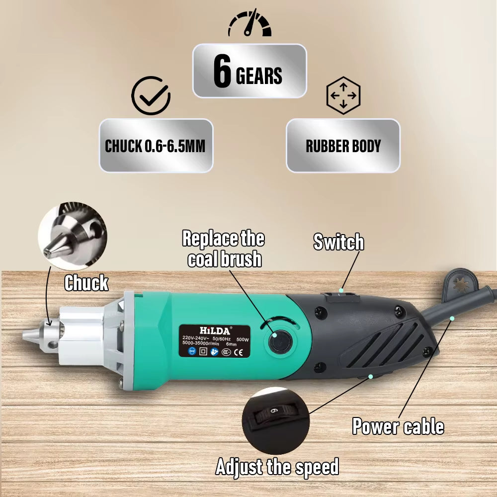 HILDA 500 W Grüner Graveur, Elektrische Bohrmaschine, 6 Positionen, Variable Geschwindigkeit, Hochleistungs-Holzbearbeitungs-Drehwerkzeug-Set, Schleifpolieren