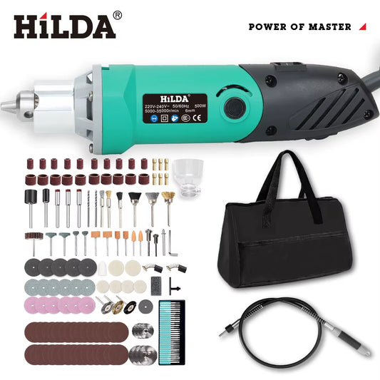 HILDA 500 W Grüner Graveur, Elektrische Bohrmaschine, 6 Positionen, Variable Geschwindigkeit, Hochleistungs-Holzbearbeitungs-Drehwerkzeug-Set, Schleifpolieren