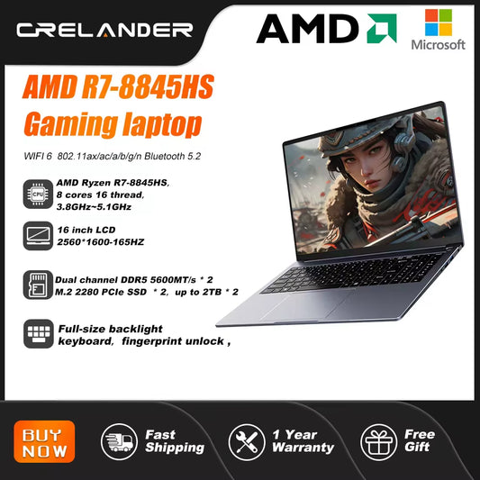 CRELANDER Laptop AMD Ryzen 8845HS Prozessor 12 Kerne 16 Thread 16 Zoll LCD 2560*1600-165HZ DDR5 Notebook Computer Gaming Laptops