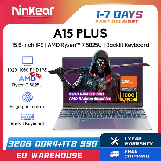 Ninkear A15 plus Gaming-Laptop AMD Ryzen ™ 7 5825U 4,5 Ghz 15,6 Zoll FHD IPS 32 GB DDR4 1 TB SSD Tastatur Mit Hintergrundbeleuchtung Fingerabdruck-Entsperrung