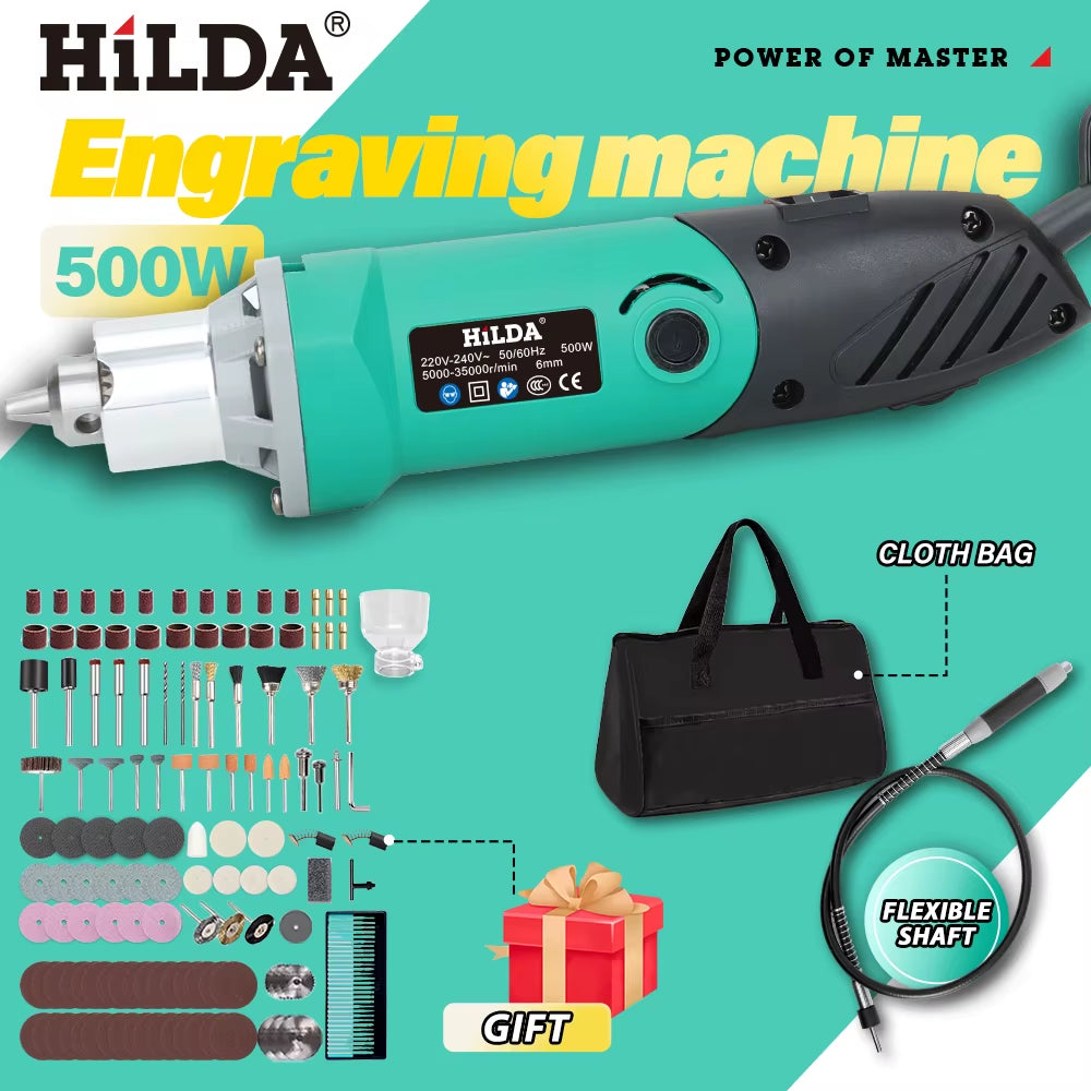 HILDA 500 W Grüner Graveur, Elektrische Bohrmaschine, 6 Positionen, Variable Geschwindigkeit, Hochleistungs-Holzbearbeitungs-Drehwerkzeug-Set, Schleifpolieren
