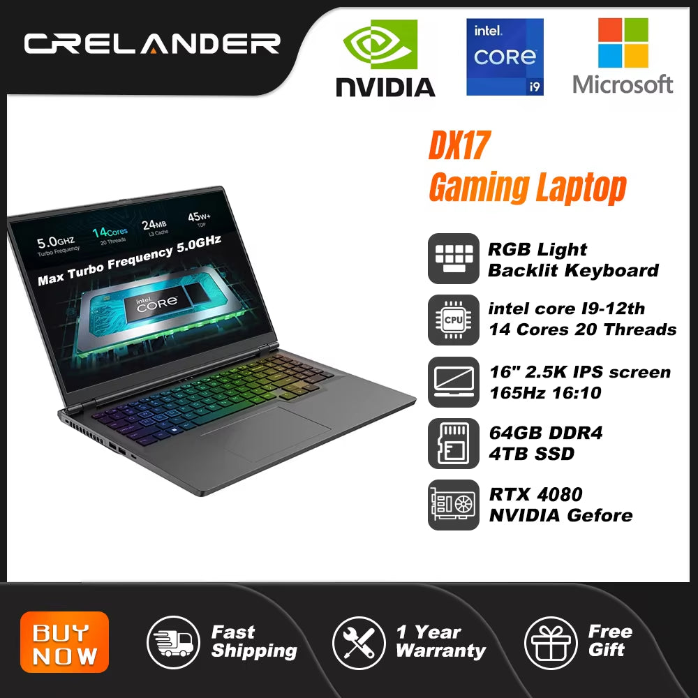 Crelander Laptop Gamer 16 Zoll Intel Core I9 Prozessor 2,5 K Ips Bildschirm 165Hz RTX 6G 4TB SSD Notebook Gaming Laptop
