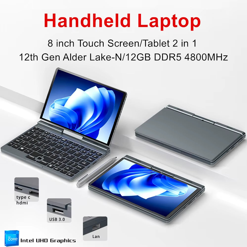Mini-Gaming-Laptop Der 12. Generation Intel Alder Lake N100 8-Zoll-Touchscreen 12G DDR5 Windows 11 Notebook-Tablet-Pc 2-In-1 Wifi6