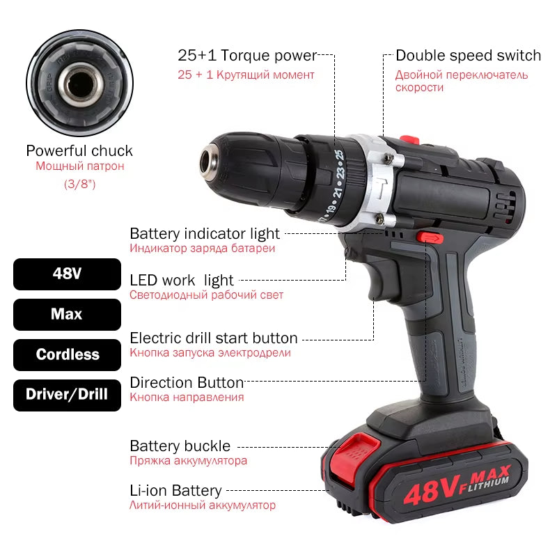 48VF 3 in 1 Cordless Elektrische Bohrer Schraubendreher Lithium-Batterie Akku-Bohrschrauber Schlüssel Drahtlose Elektrische Bohrer Set Für Home